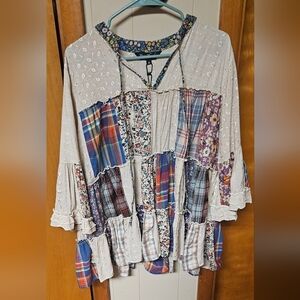 Boho Patchwork Young Threads Peasant Top - Neutral & Multicolor